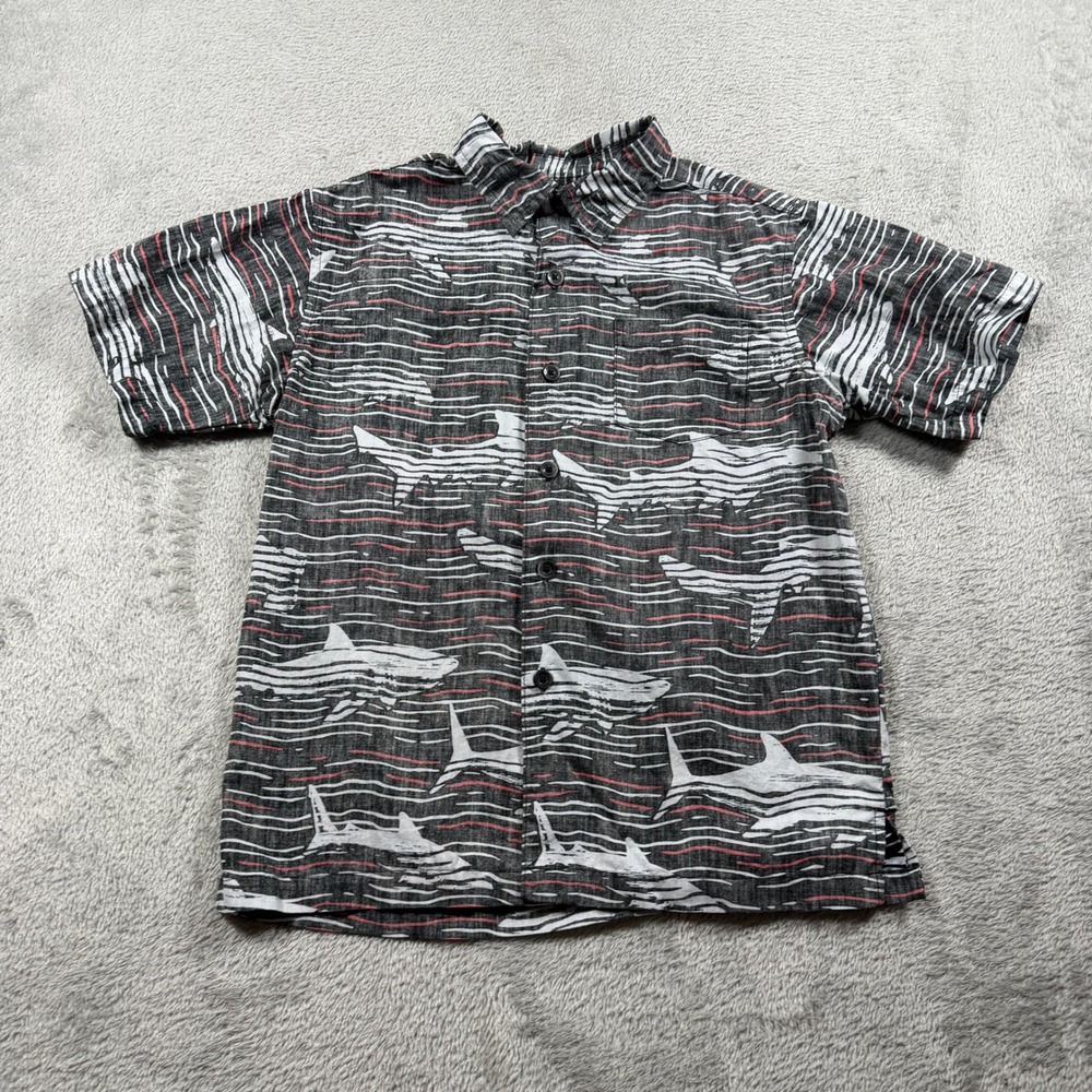 Kahala Button Down Shirt Kids Small 6-7 Gray Shark Print Short Sleeve
